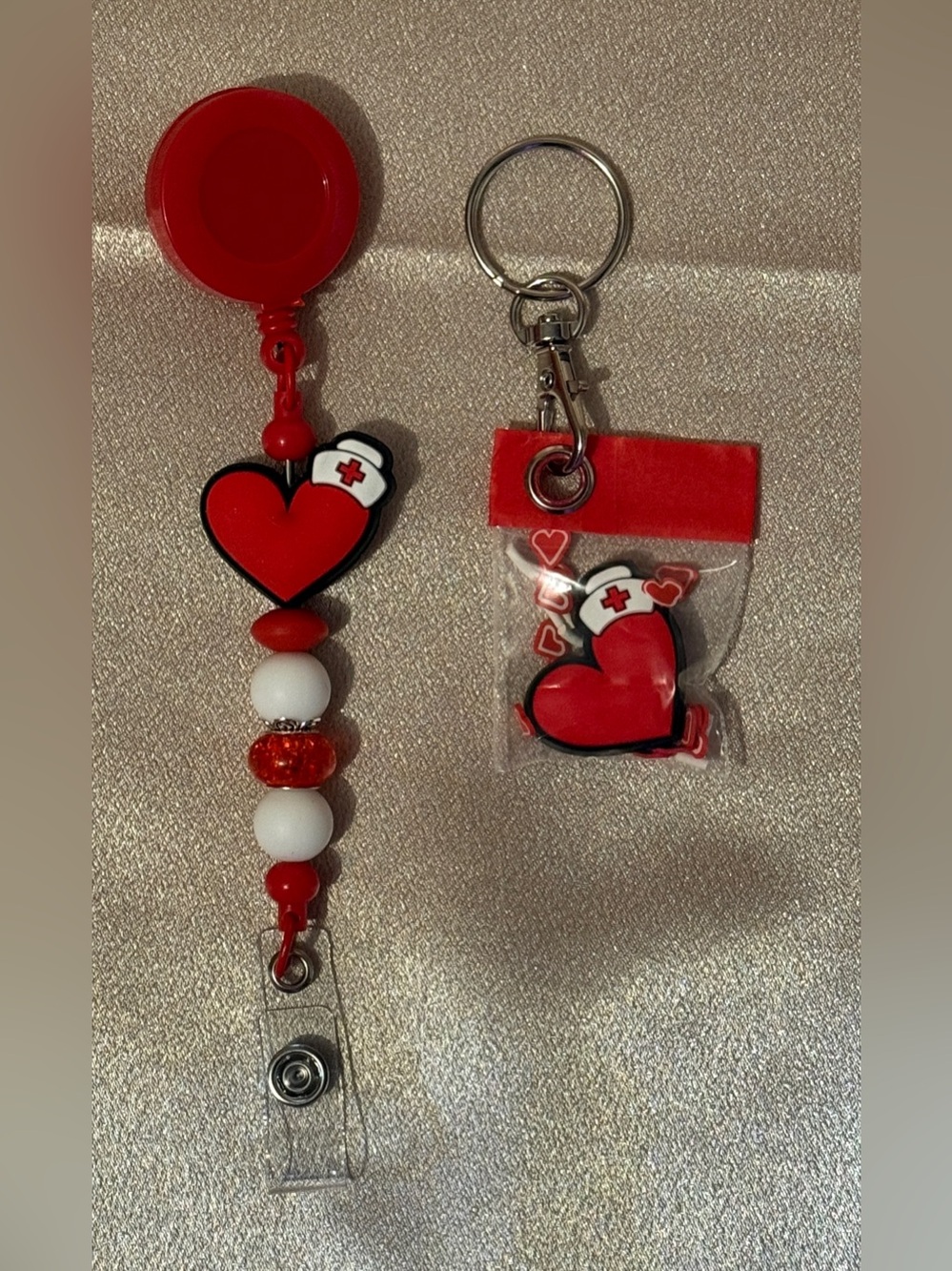Handmade Beaded Preppy Red Heart Nurse Badge Reel and Keychain Set BTJ